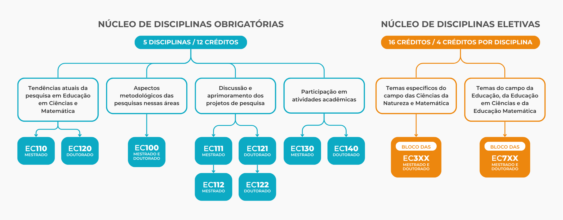Fluxograma apresentando as disciplinas obrigatórias e eletivas da estrutura curricular do PECIM
